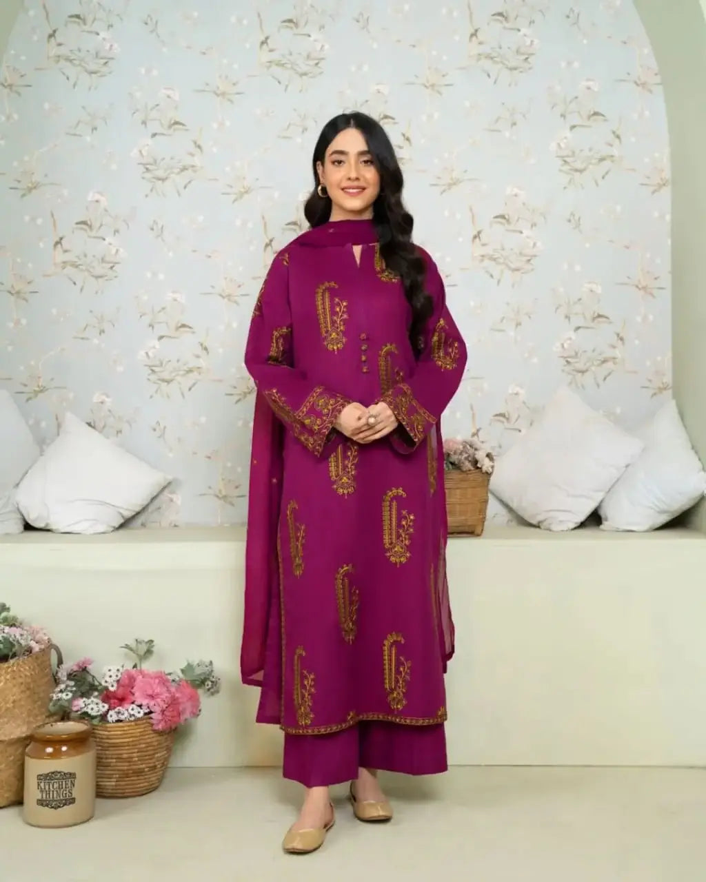 Stylish Purple Embroidered Linen Shirt and Trouser Set - 2 Pcs - image 1