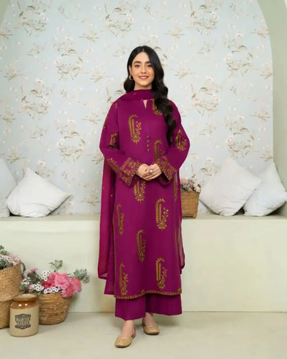 Stylish Purple Embroidered Linen Shirt and Trouser Set - 2 Pcs - image 1