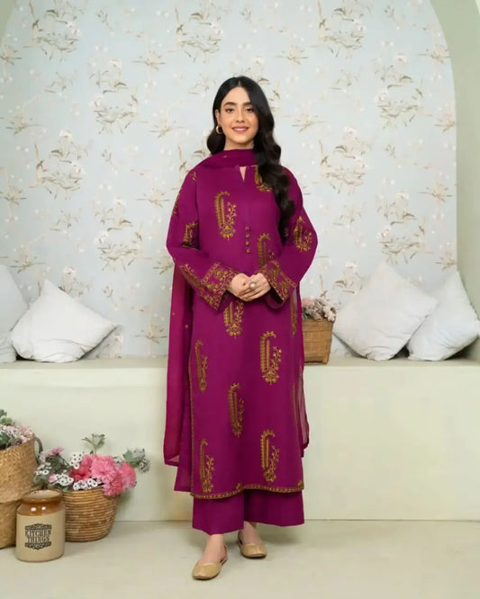 Stylish Purple Embroidered Linen Shirt and Trouser Set - 2 Pcs - image 1
