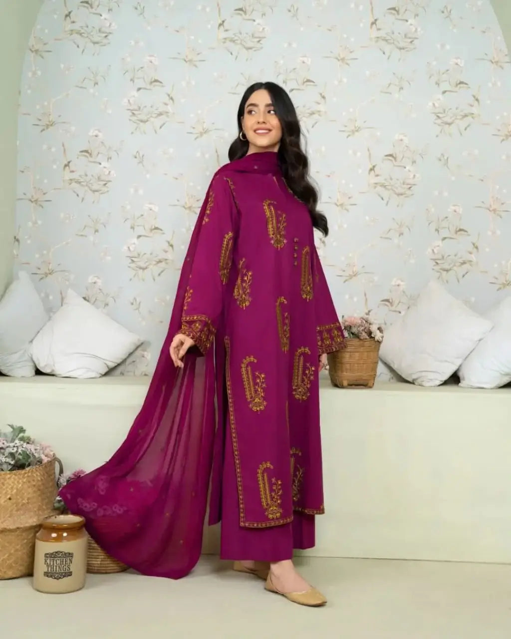 Stylish Purple Embroidered Linen Shirt and Trouser Set - 2 Pcs - image 2