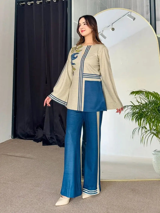 Stylish Printed Shirt and Trouser Set - 2 Pcs - Polly Lawn Blue - image 1