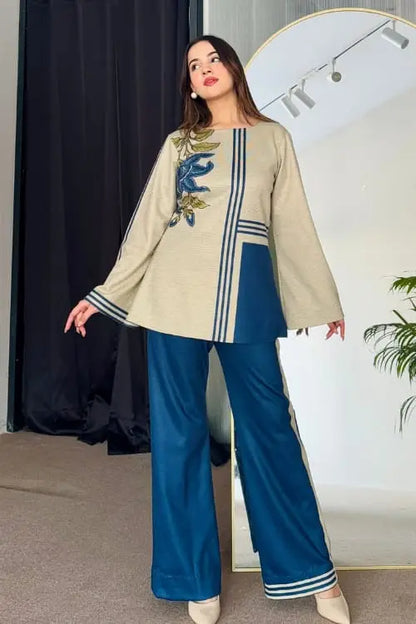 Stylish Printed Shirt and Trouser Set - 2 Pcs - Polly Lawn Blue - image 3