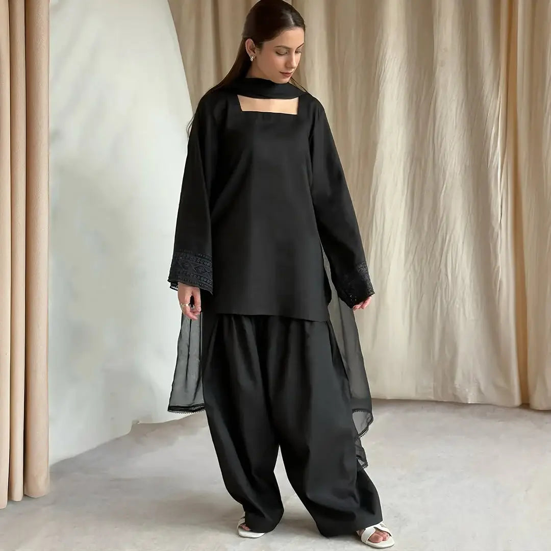 3 Pcs Women's Stitched trendy Farshi shalwar Cotton Lawn Embroidered Suit - image 1