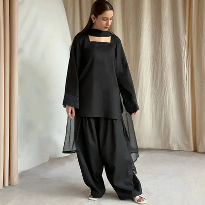 3 Pcs Women's Stitched trendy Farshi shalwar Cotton Lawn Embroidered Suit - image 1