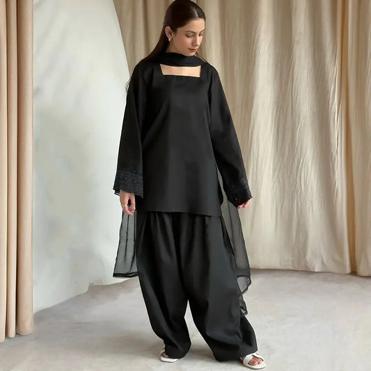 3 Pcs Women's Stitched trendy Farshi shalwar Cotton Lawn Embroidered Suit - image 1