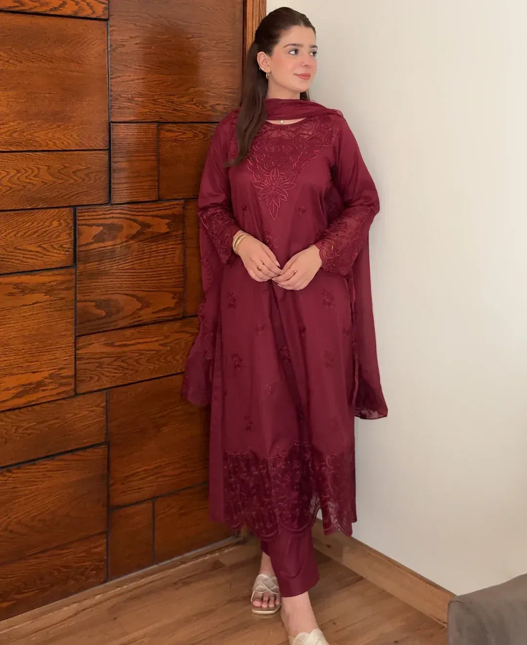 Rose Wine - 3 Piece Embroidered Lawn Cotton Suit - image 1