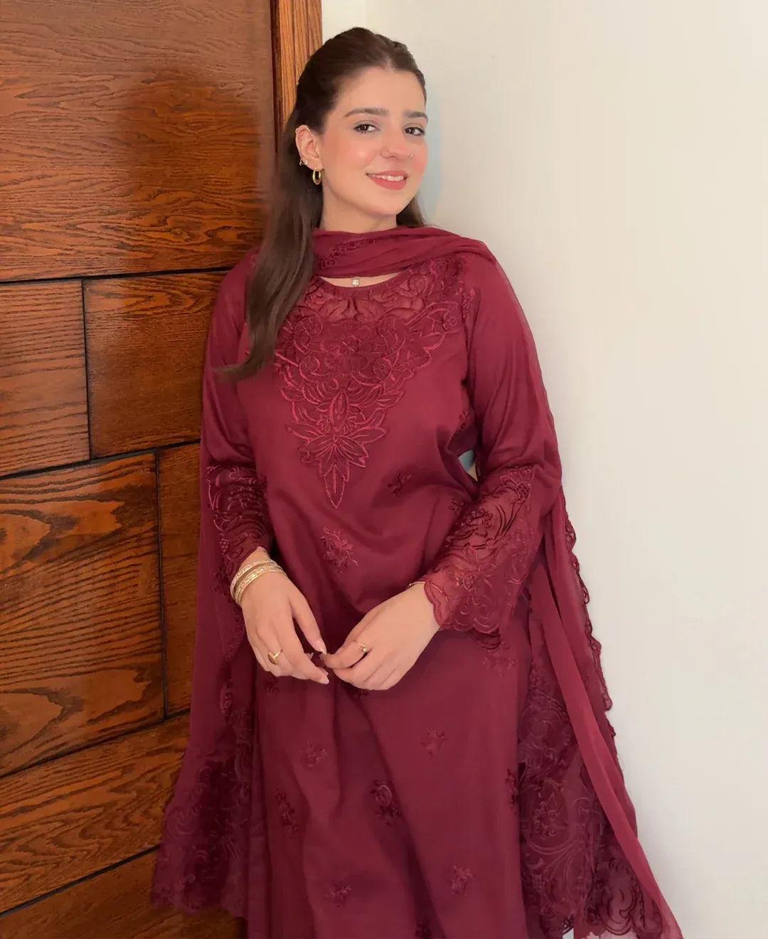 Rose Wine - 3 Piece Embroidered Lawn Cotton Suit - image 2