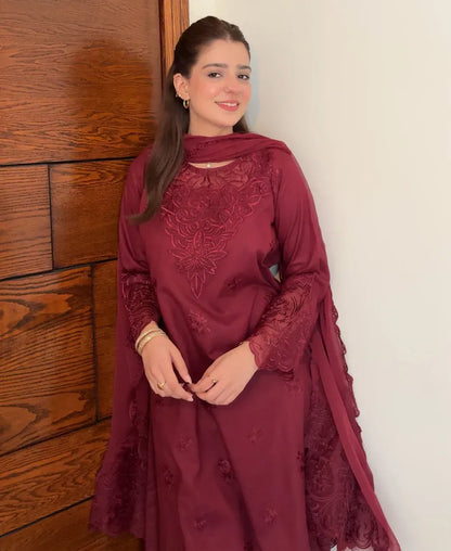 Rose Wine - 3 Piece Embroidered Lawn Cotton Suit - image 2