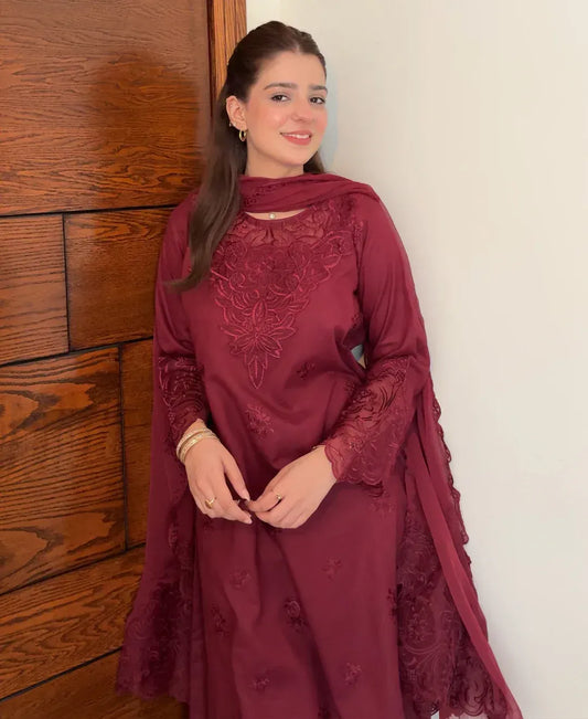 Rose Wine - 3 Piece Embroidered Lawn Cotton Suit - image 2