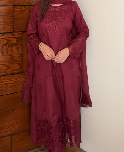 Rose Wine - 3 Piece Embroidered Lawn Cotton Suit - image 3