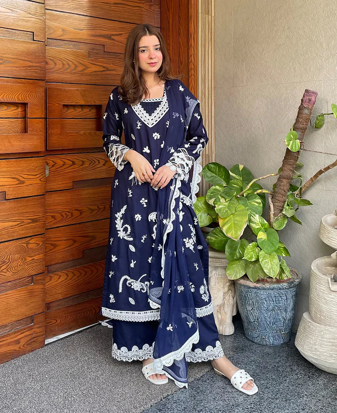 Navy Monarch - 3 Piece Lawn Cotton Embroidered Dress - image 1