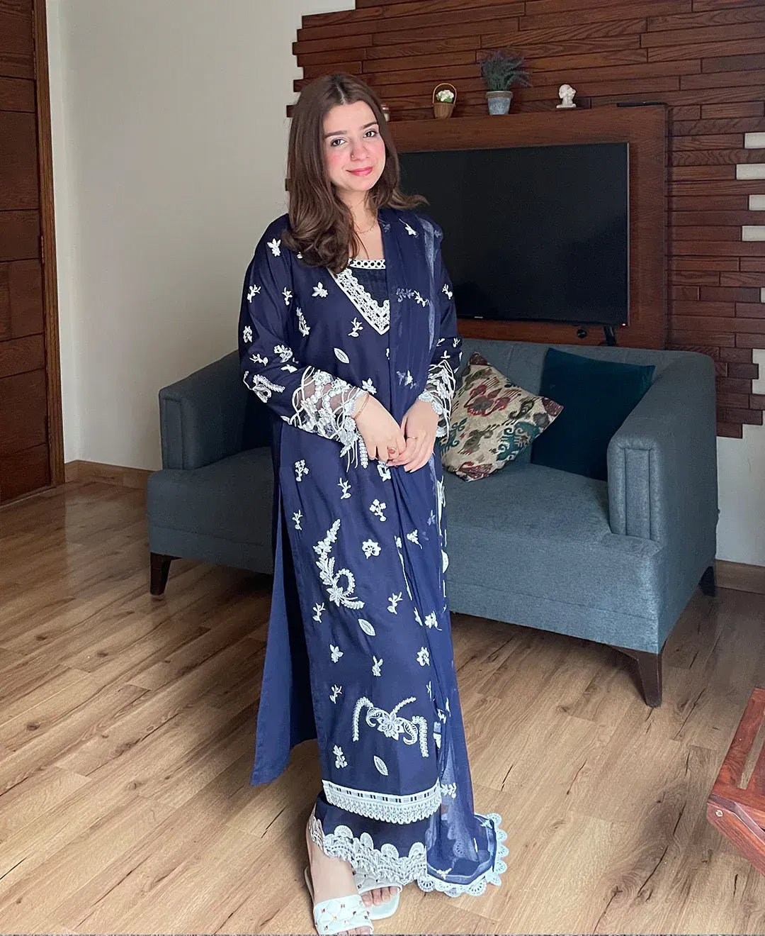 Navy Monarch - 3 Piece Lawn Cotton Embroidered Dress - image 3