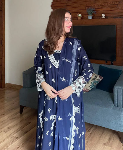 Navy Monarch - 3 Piece Lawn Cotton Embroidered Dress - image 4