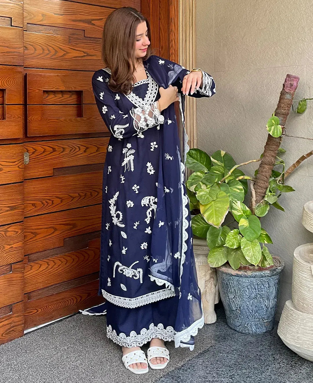 Navy Monarch - 3 Piece Lawn Cotton Embroidered Dress - image 5