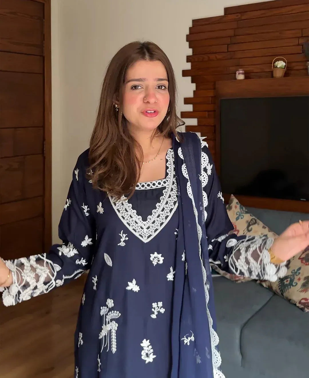 Navy Monarch - 3 Piece Lawn Cotton Embroidered Dress - image 6
