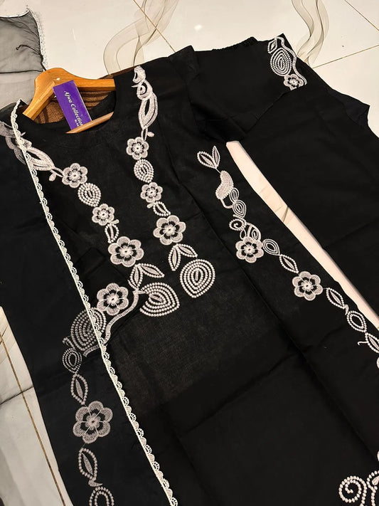 3 Pcs Women's Stitched Cotton Embroidered Suit - image 2