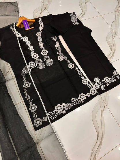 3 Pcs Women's Stitched Cotton Embroidered Suit - image 4