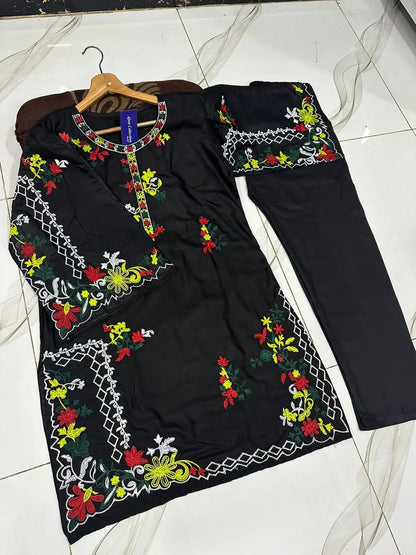 2 Pcs Women's Stitched Linen Embroidered Shirt And Trouser - image 3
