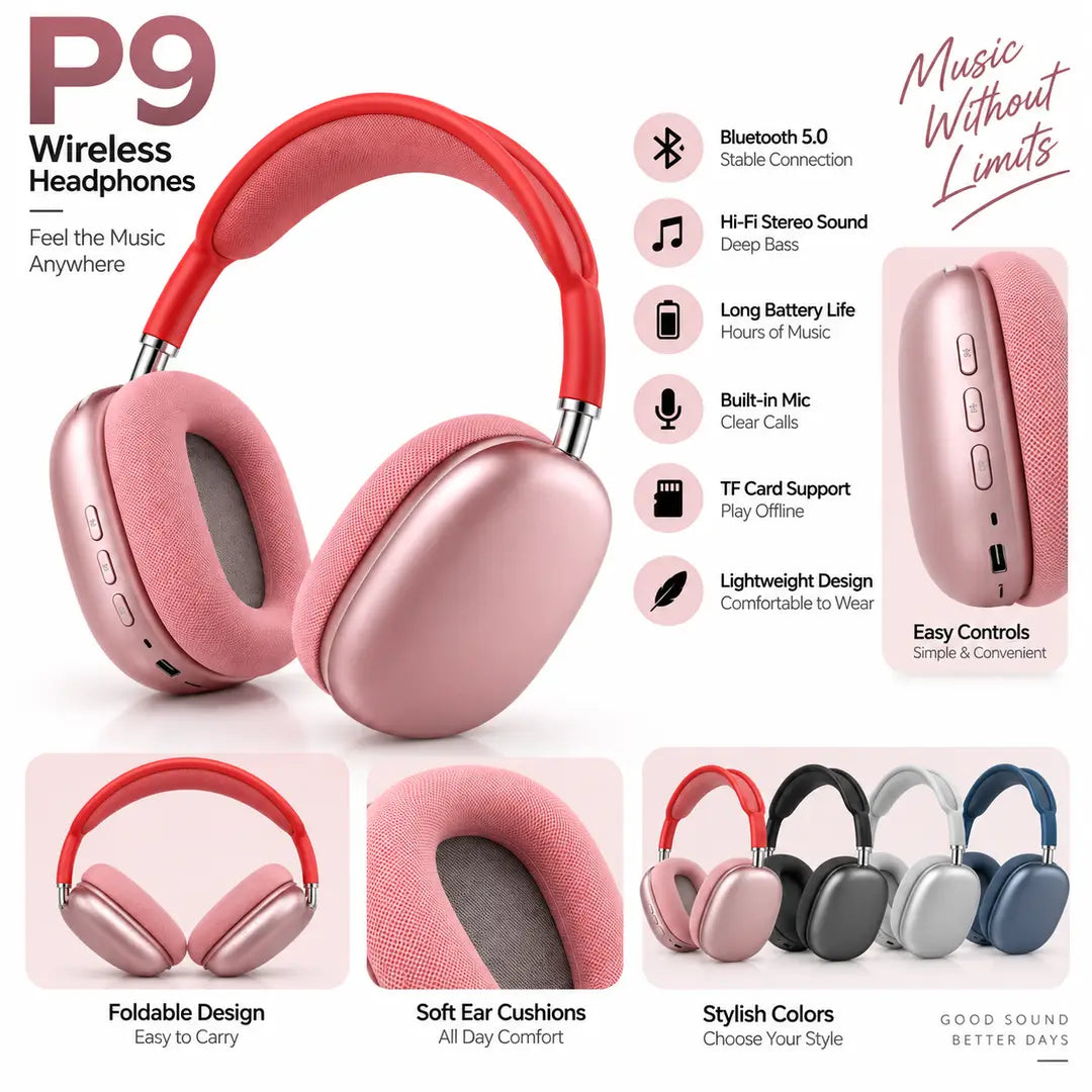 P9 Wireless Bluetooth Headphones - Stereo Sound, Deep Bass & Foldable Design - image 3