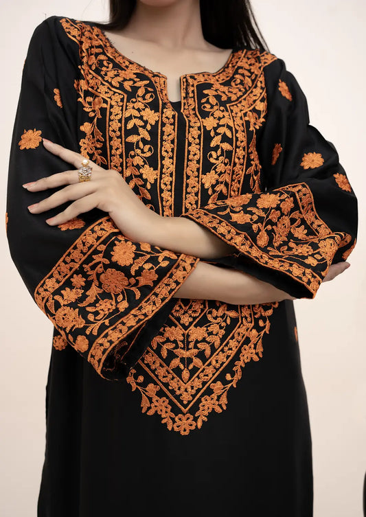2 Pcs Women's Stitched Arabic Lawn Embroidered Shirt And Trouser - Black - image 1
