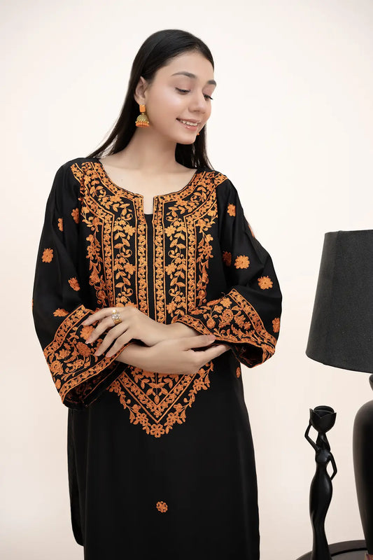 2 Pcs Women's Stitched Arabic Lawn Embroidered Shirt And Trouser - Black - image 2