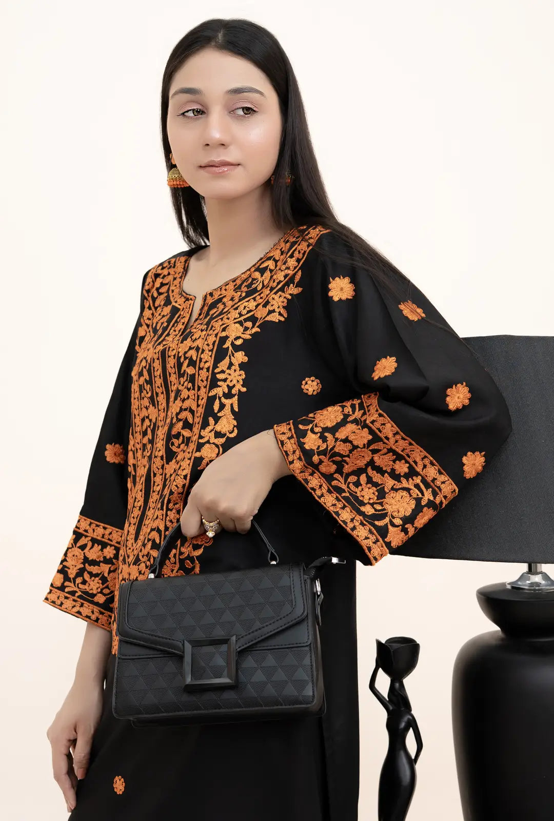 2 Pcs Women's Stitched Arabic Lawn Embroidered Shirt And Trouser - Black - image 3