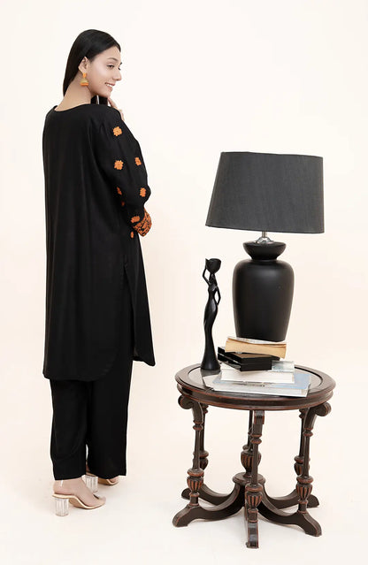 2 Pcs Women's Stitched Arabic Lawn Embroidered Shirt And Trouser - Black - image 4