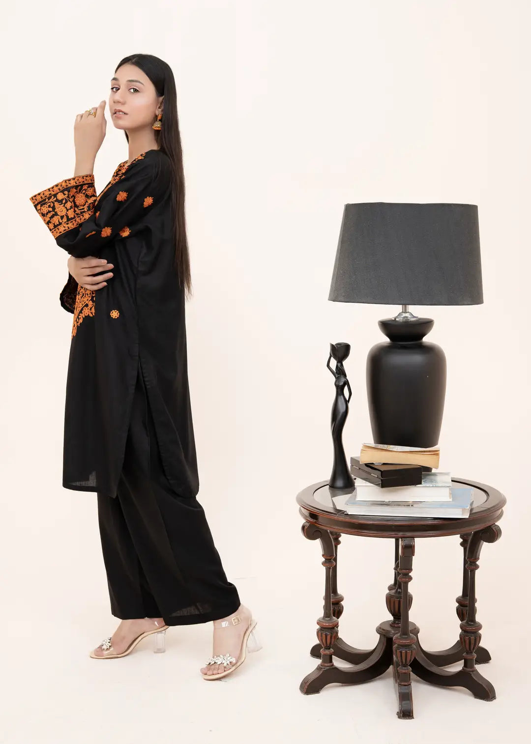 2 Pcs Women's Stitched Arabic Lawn Embroidered Shirt And Trouser - Black - image 5