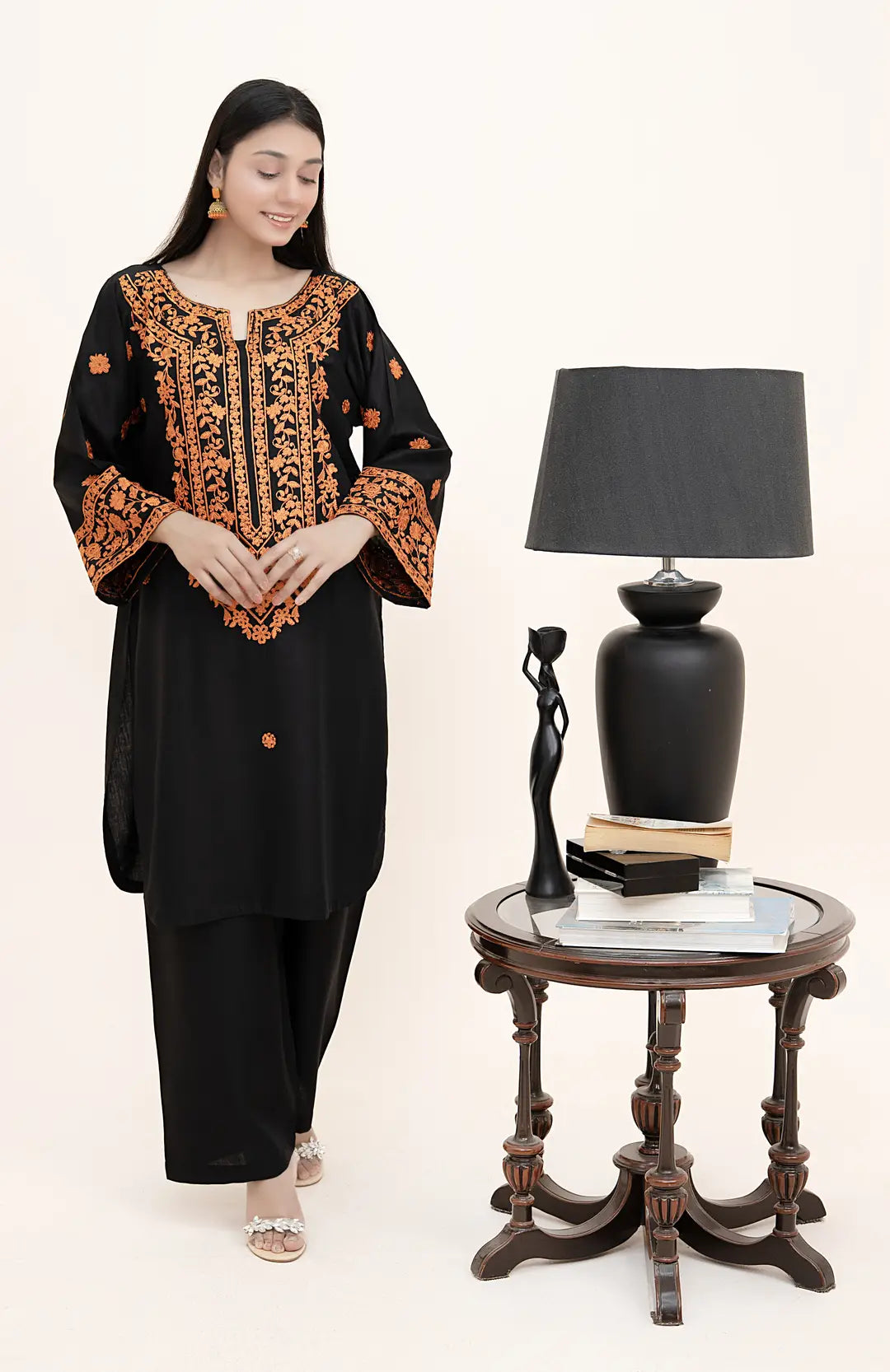 2 Pcs Women's Stitched Arabic Lawn Embroidered Shirt And Trouser - Black - image 6
