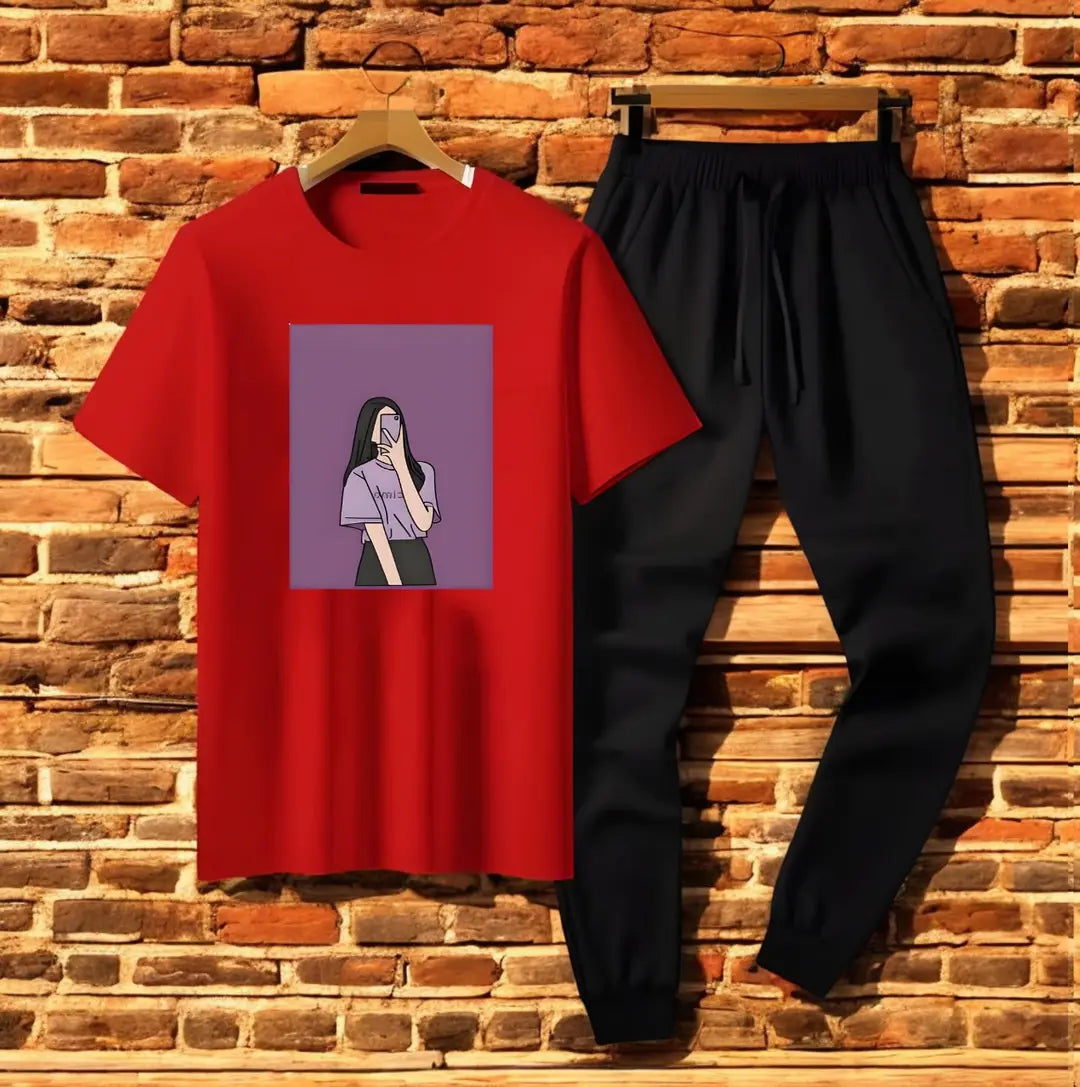 2 Pcs Women's Stitched Cotton Printed Tracksuit - Red - image 1