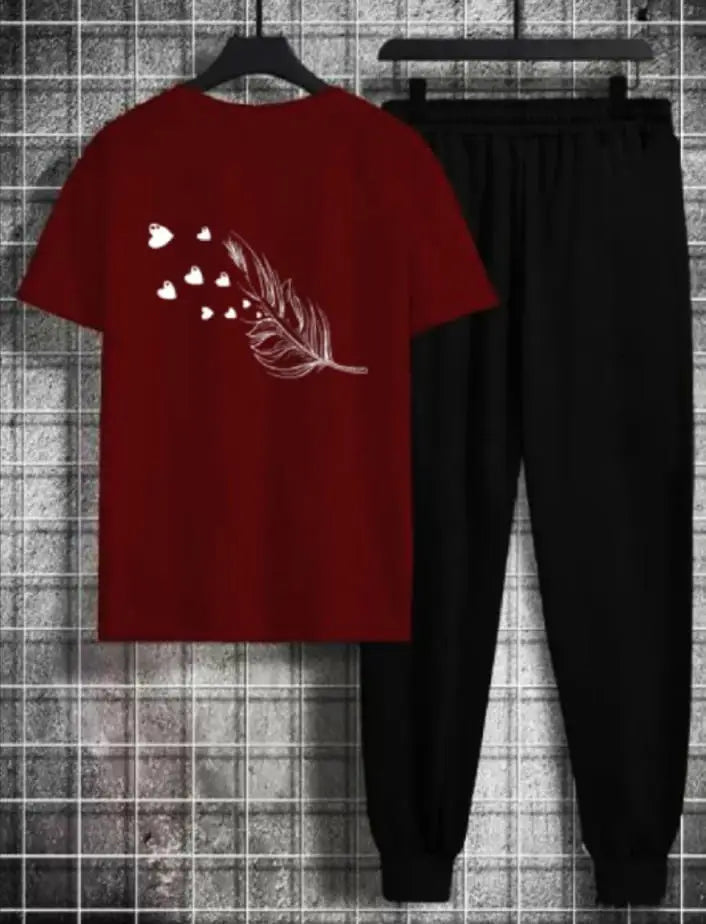 2 Pcs Women's Stitched Cotton Printed Tracksuit - Maroon - image 1
