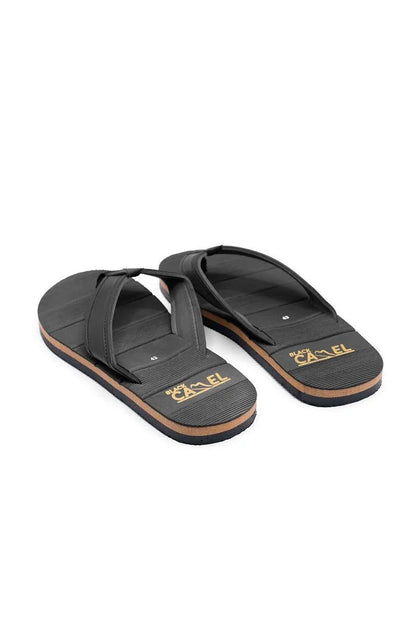 Men Black Synthetic Leather Flip Flops with Gold Branding - image 2