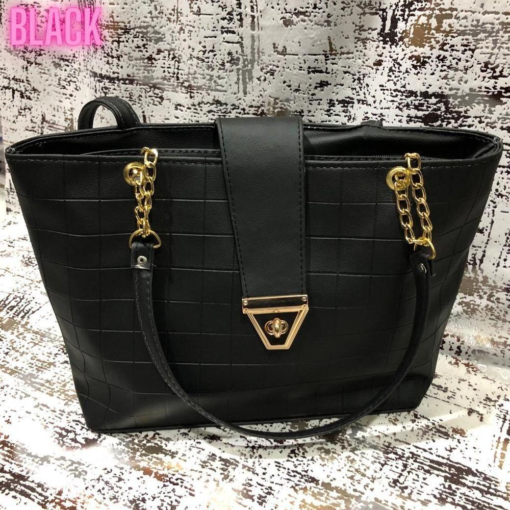 Black Textured Shoulder Bag with Gold Hardware - image 1