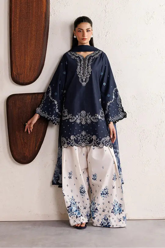 3 Pcs Women's Stitched Cotton Embroidered Suit - Blue - Design 2 - image 1