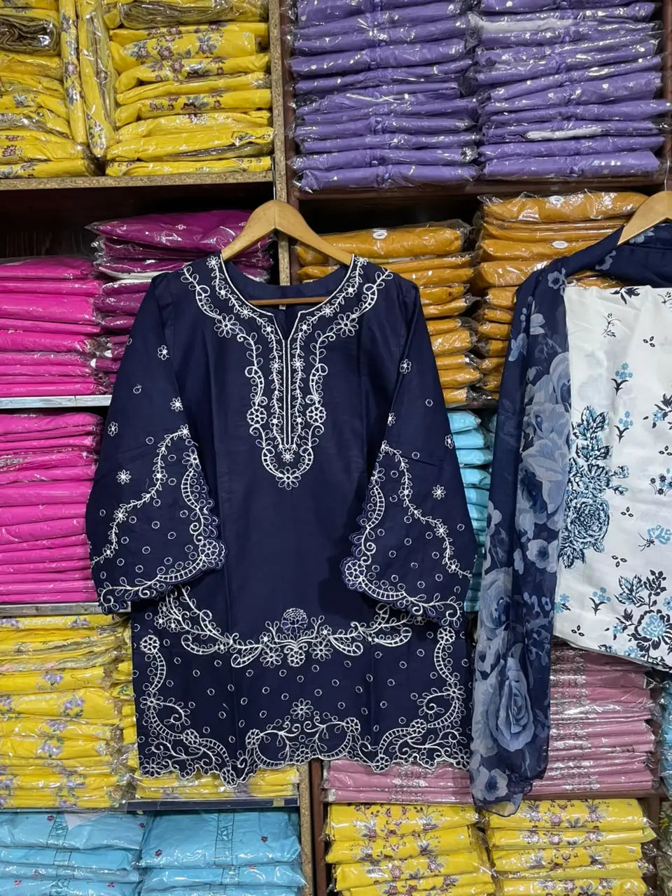 3 Pcs Women's Stitched Cotton Embroidered Suit - Blue - Design 2 - image 8