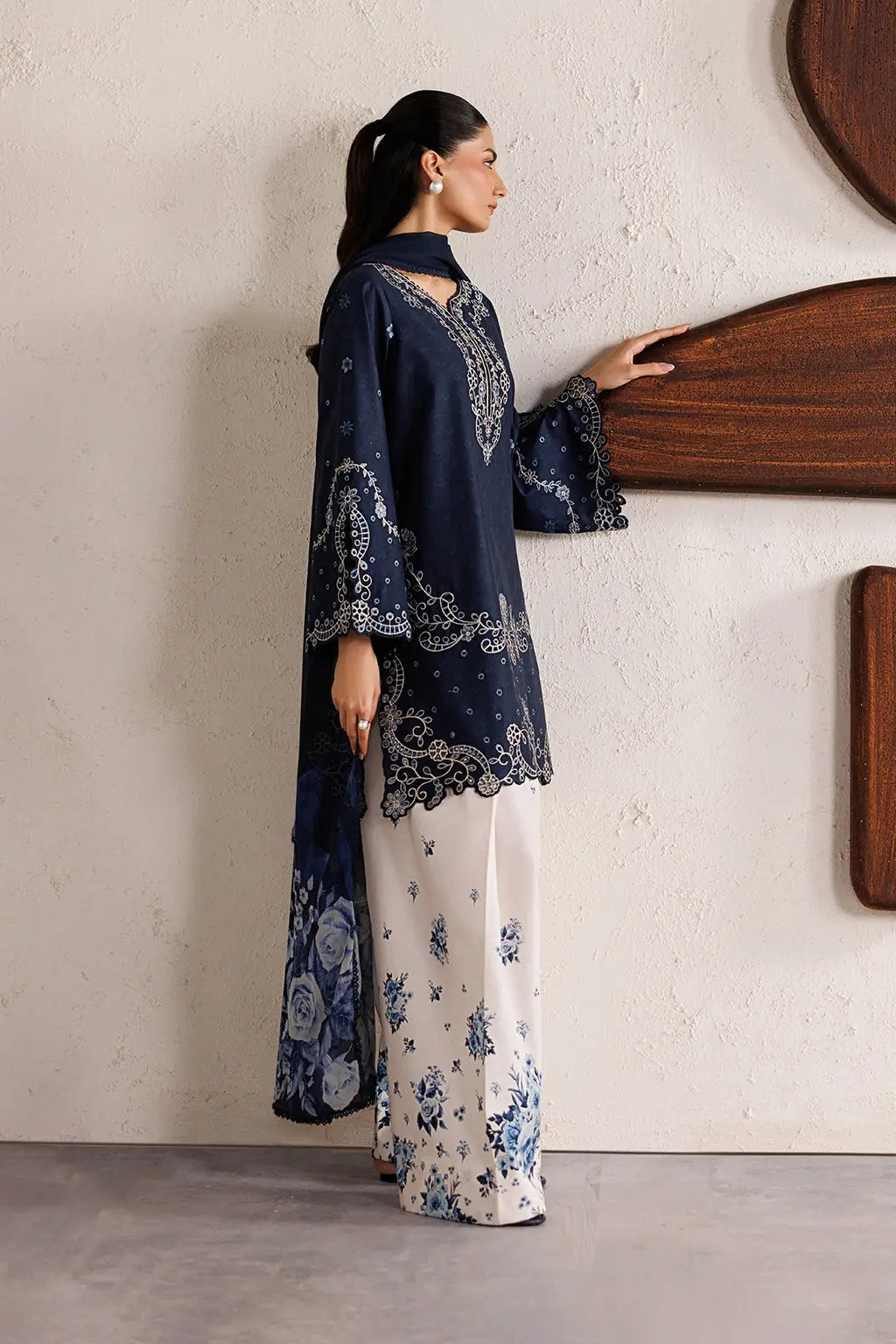 3 Pcs Women's Stitched Cotton Embroidered Suit - Blue - Design 2 - image 2