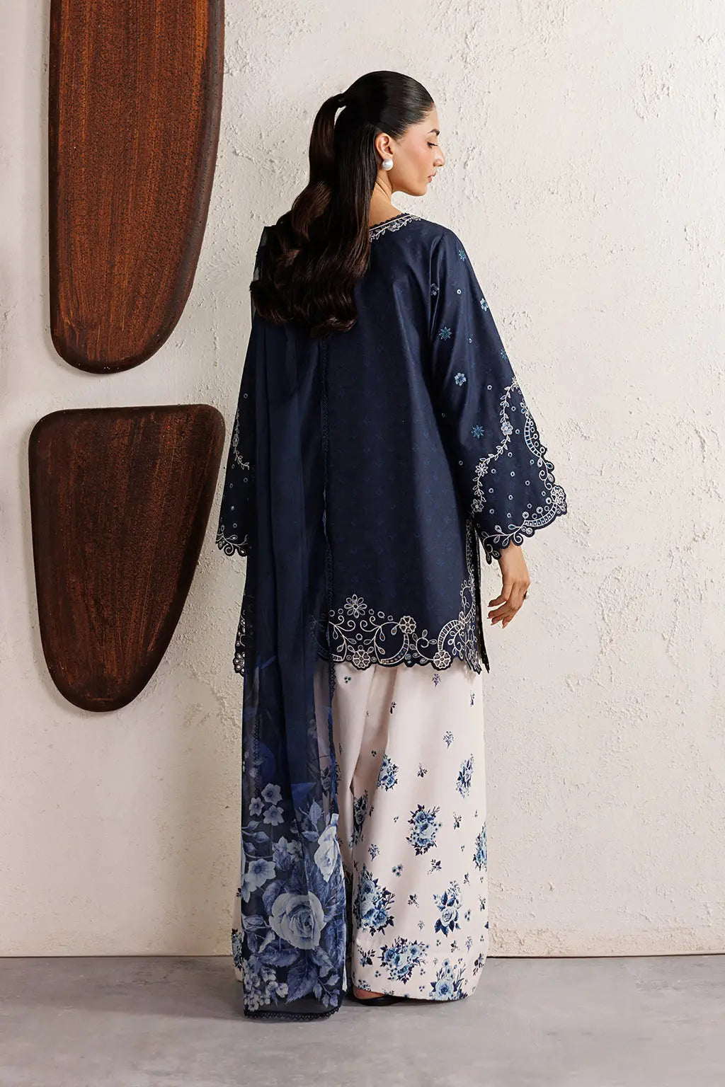 3 Pcs Women's Stitched Cotton Embroidered Suit - Blue - Design 2 - image 3