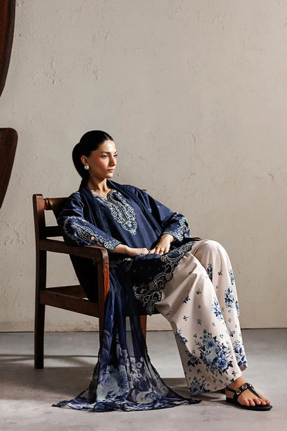3 Pcs Women's Stitched Cotton Embroidered Suit - Blue - Design 2 - image 4