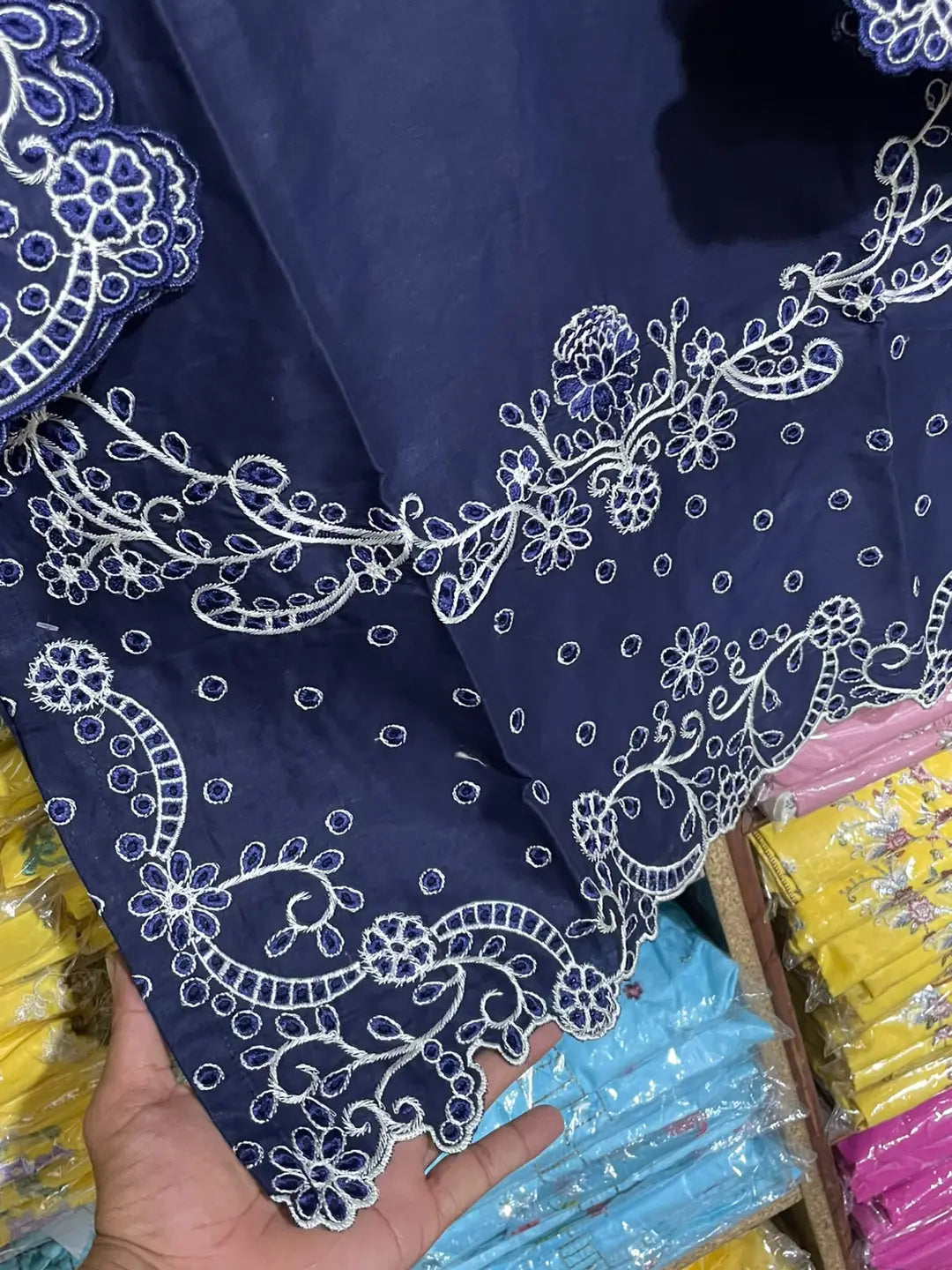 3 Pcs Women's Stitched Cotton Embroidered Suit - Blue - Design 2 - image 6