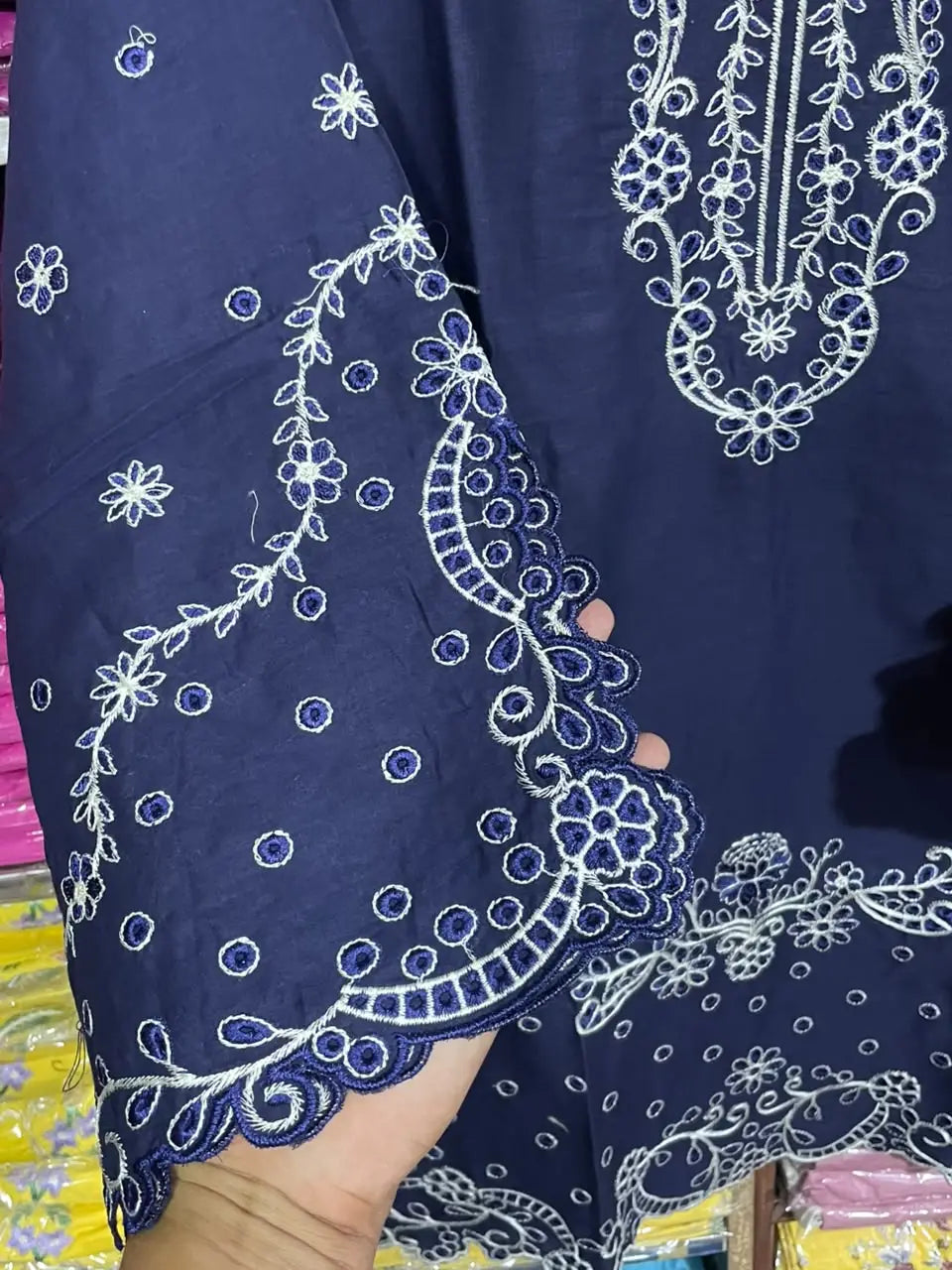3 Pcs Women's Stitched Cotton Embroidered Suit - Blue - Design 2 - image 7