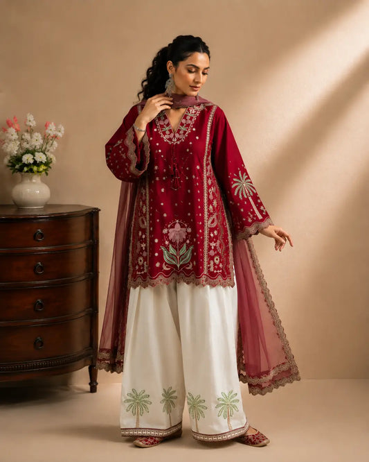 3 Pcs Women's Stitched Cotton Embroidered Suit - Maroon - image 1