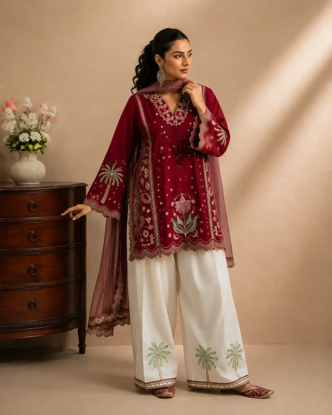 3 Pcs Women's Stitched Cotton Embroidered Suit - Maroon - image 2