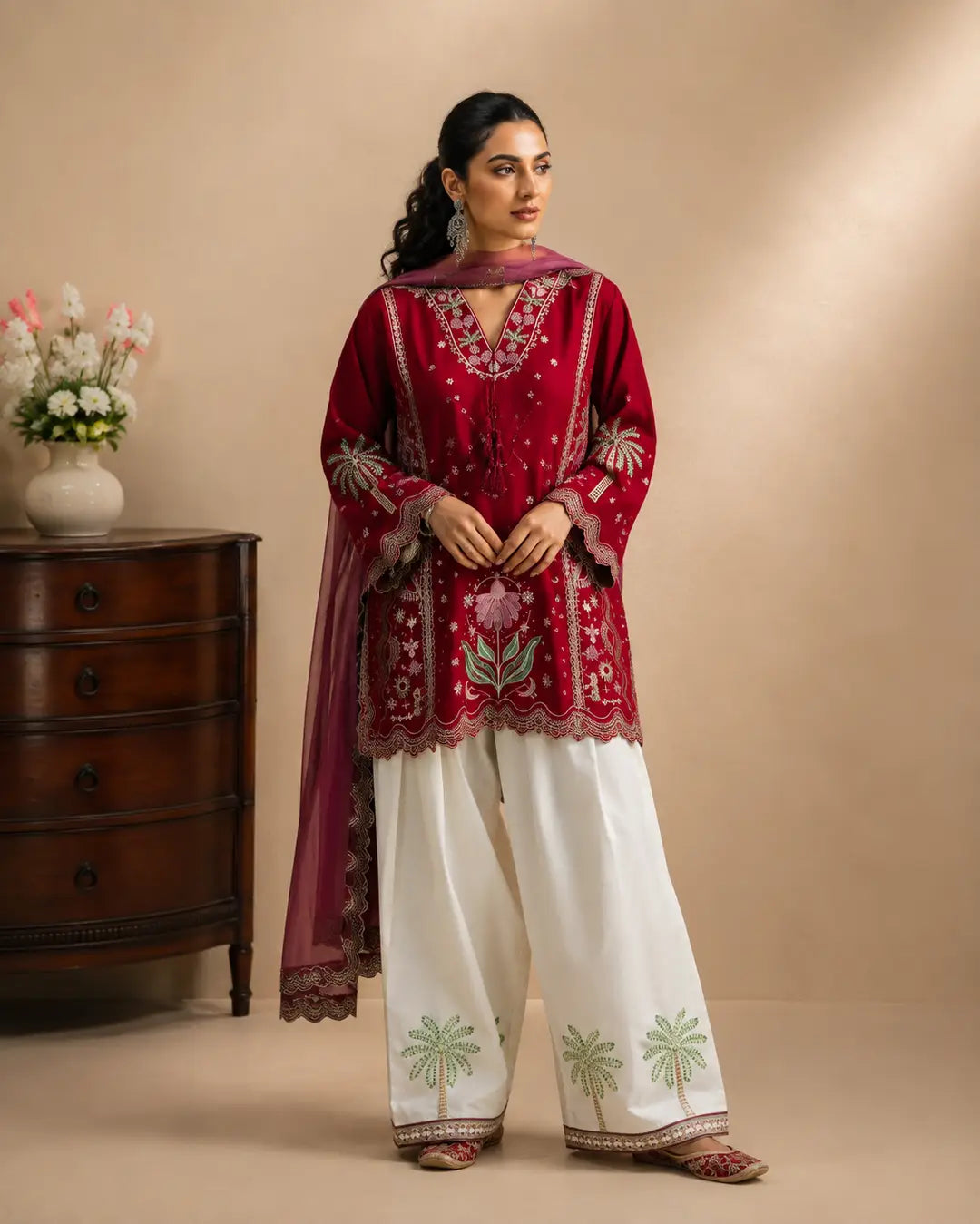 3 Pcs Women's Stitched Cotton Embroidered Suit - Maroon - image 3