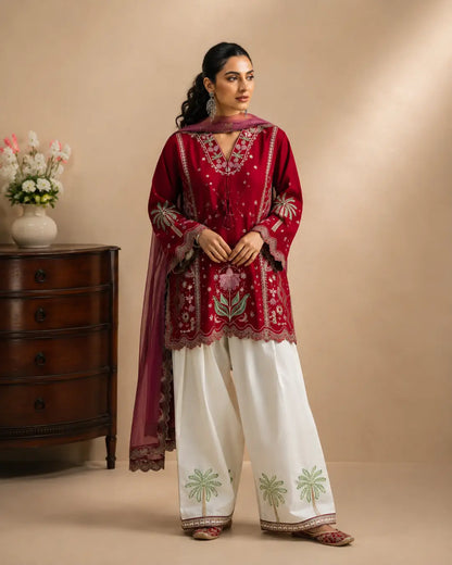 3 Pcs Women's Stitched Cotton Embroidered Suit - Maroon - image 3