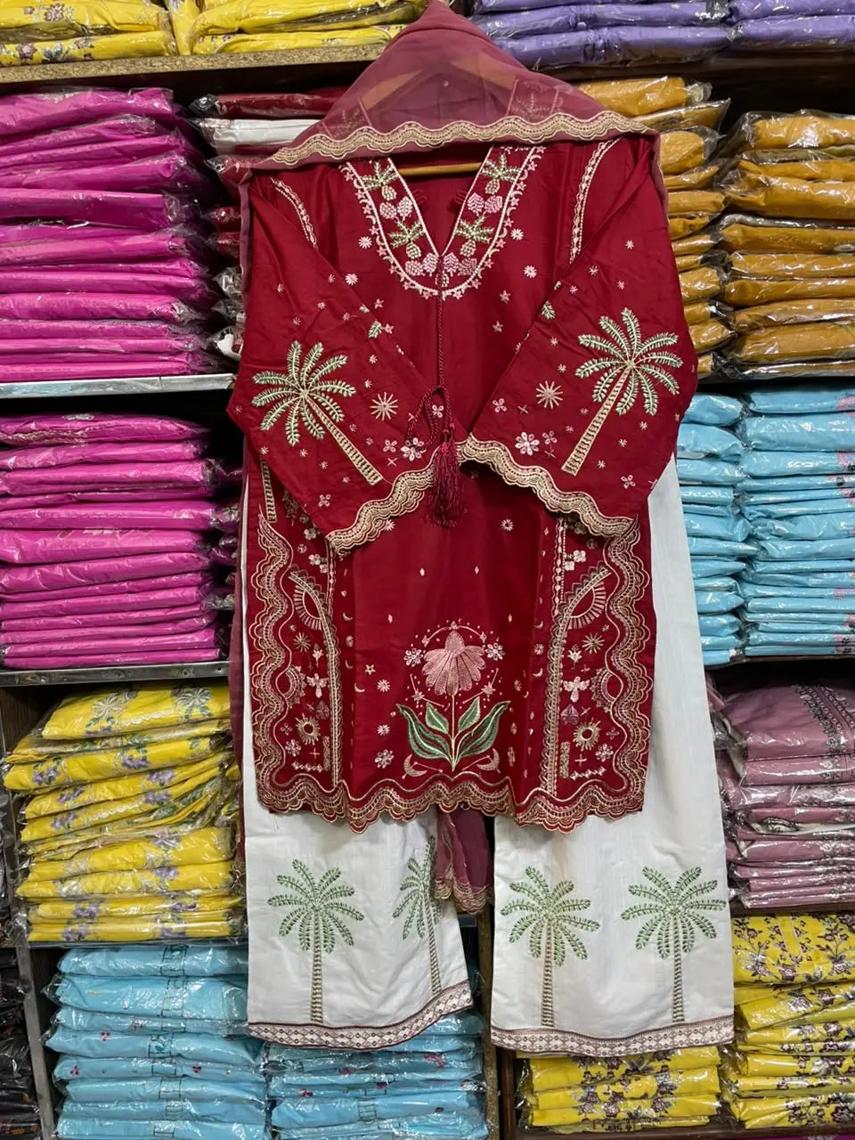 3 Pcs Women's Stitched Cotton Embroidered Suit - Maroon - image 4