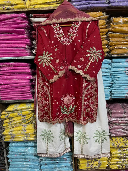 3 Pcs Women's Stitched Cotton Embroidered Suit - Maroon - image 4