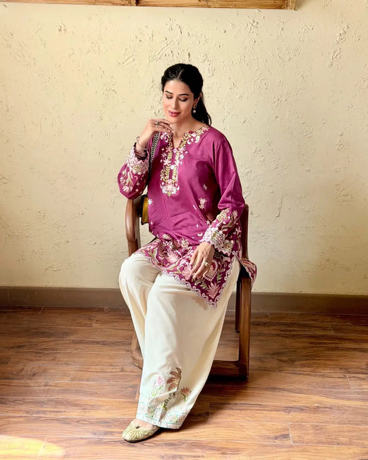 3 Pcs Women's Stitched Cotton Embroidered Suit - Magenta - image 1