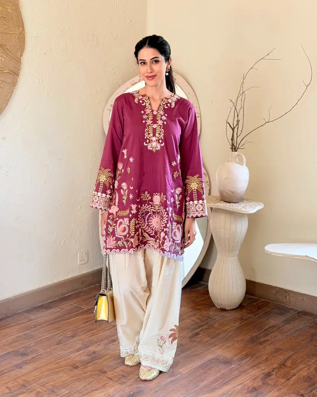3 Pcs Women's Stitched Cotton Embroidered Suit - Magenta - image 2