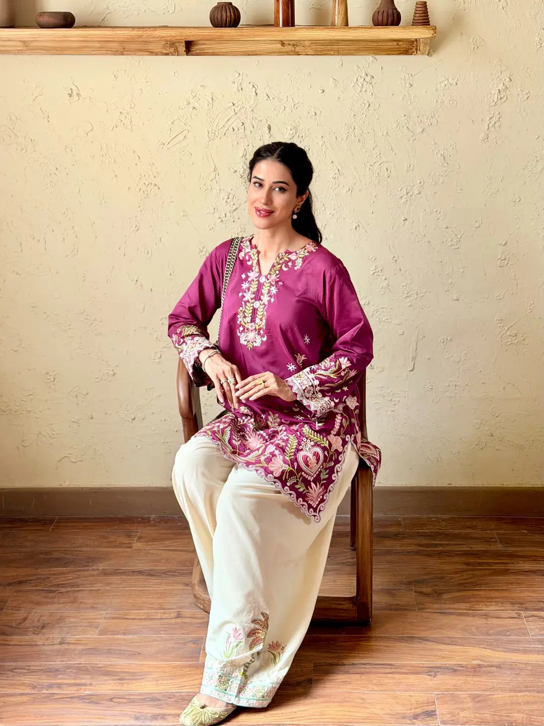 3 Pcs Women's Stitched Cotton Embroidered Suit - Magenta - image 3