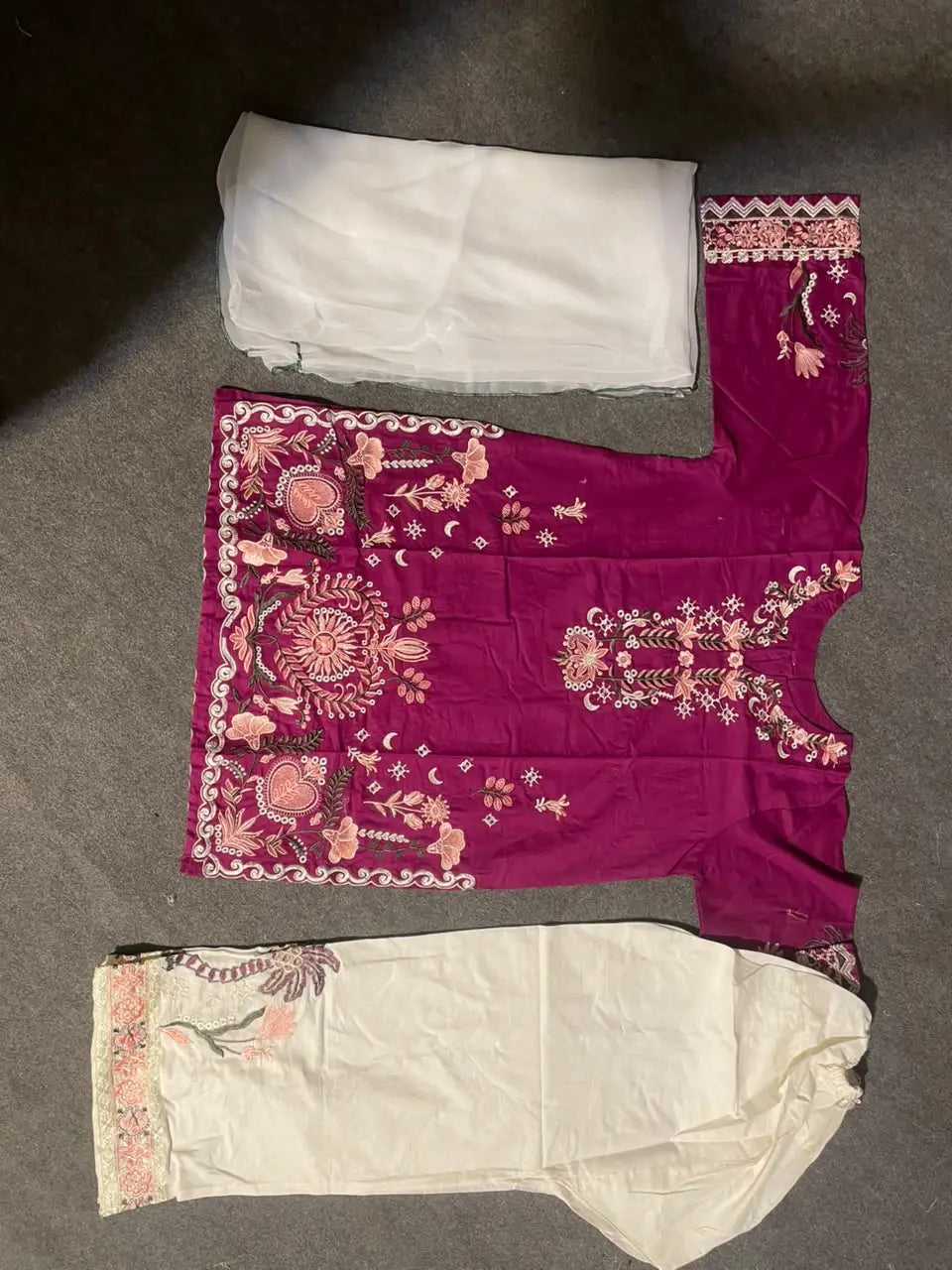 3 Pcs Women's Stitched Cotton Embroidered Suit - Magenta - image 4